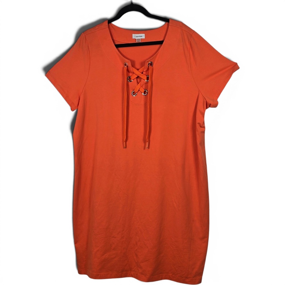Calvin Klein Womens Orange Lace Up‎ Grommet T-Shirt Shift Dress Plus Size 1X